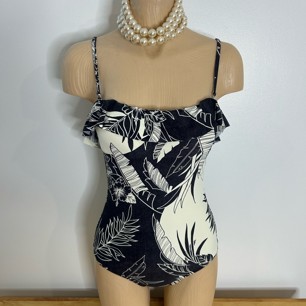 Billabong Navy and ivory Tropical Ruffle One-Piece Swim❤️M